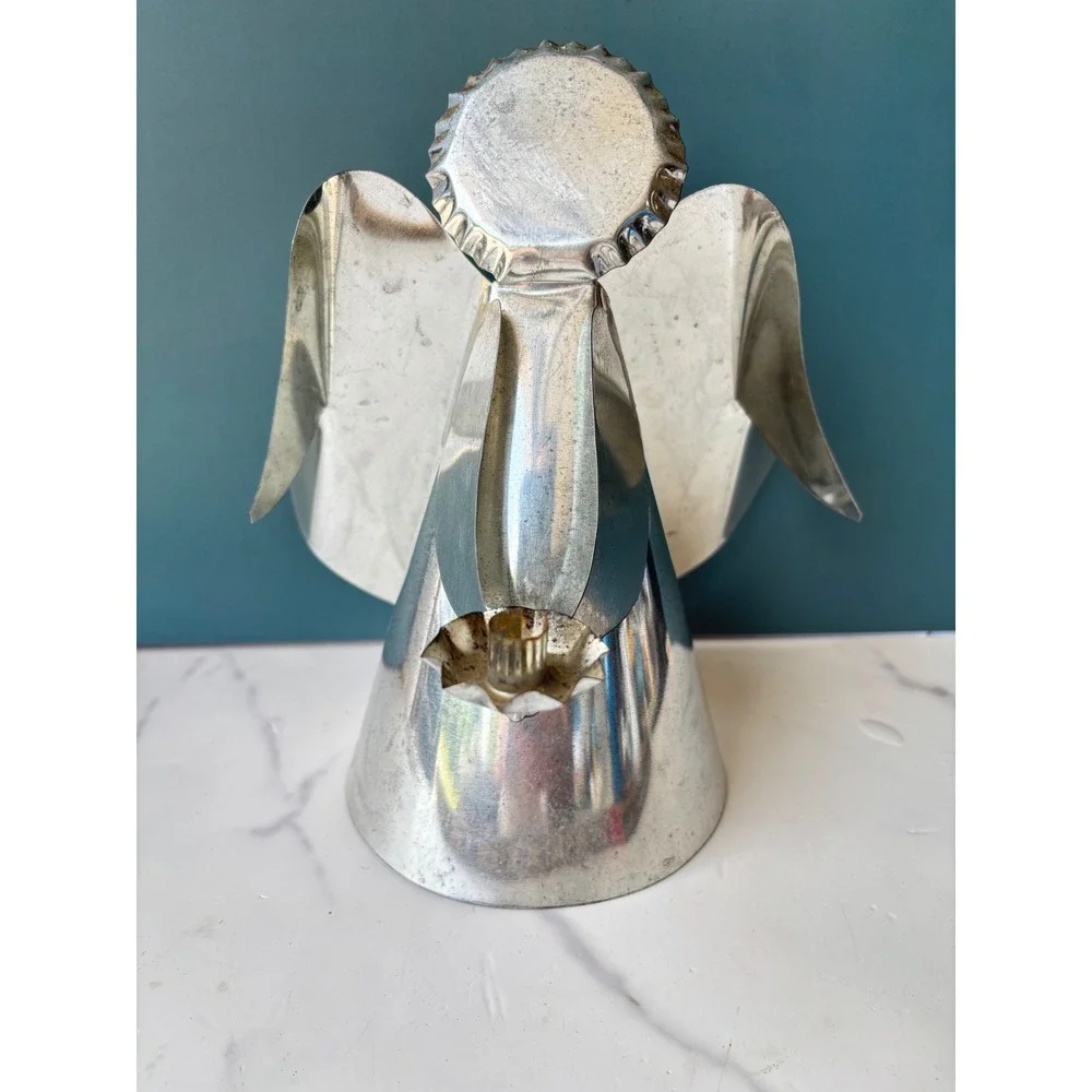 Vintage Folk Art Metal Angel Candle Holder Christmas Tree Topper Silver Tone